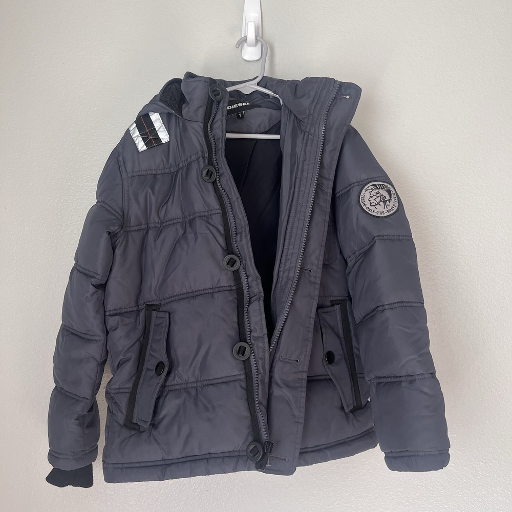 Diesel Jacket Kids Grey Puffer Spell Out Full Zip Up Hoodie 7 Long Sleeve Winter